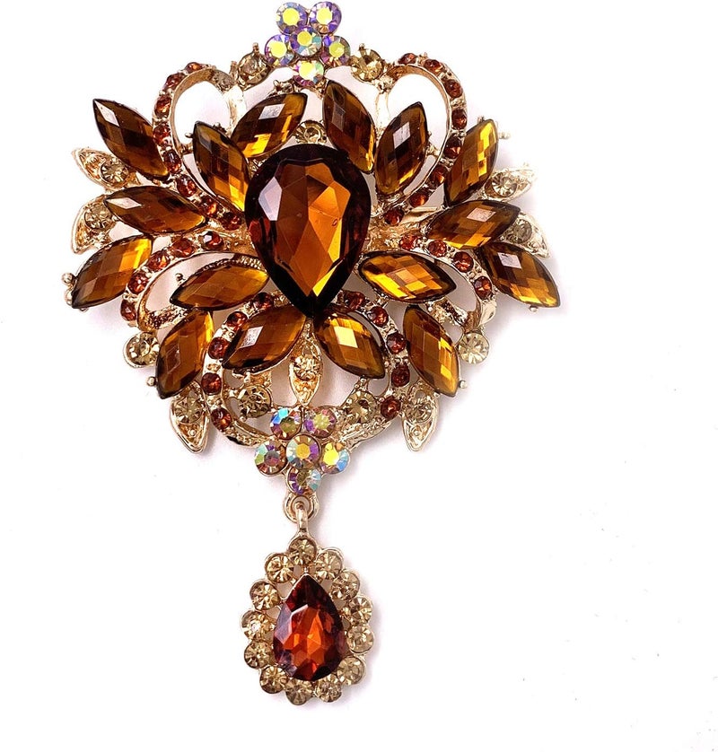 LAXPICOL Wedding Bridal Big Brown Crystal Rhinestone Bouquet Brooch Pin for Women Golden Tone - Image 1